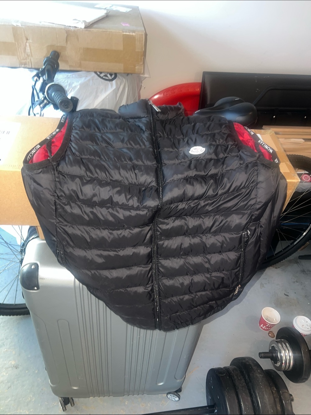 Moncler Black Quilted Kids Puffer Vest with Red Trim